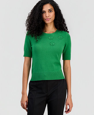 Women's Floral-Appliqué Short-Sleeve Sweater | Macy's