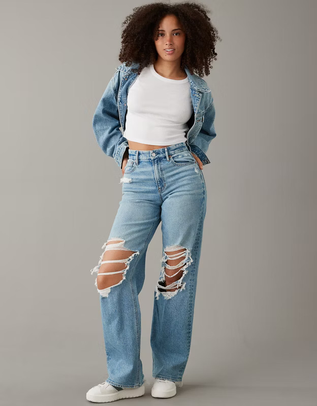 AE Stretch Curvy Super High-Waisted Baggy Straight Jean | American Eagle Outfitters (US & CA)