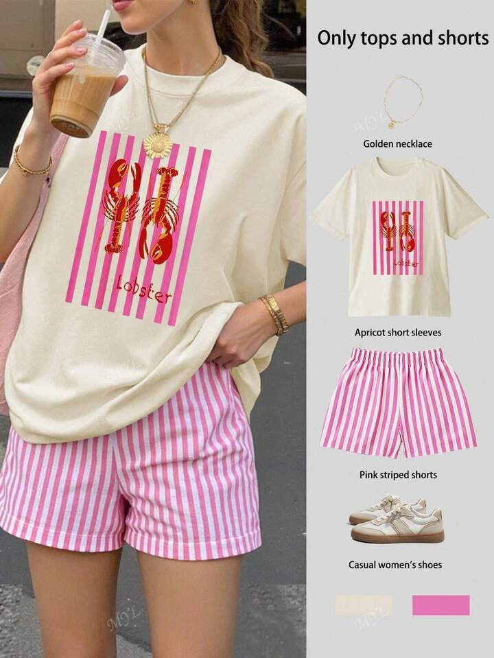 Lobster Print Printed Women's Oversize Short-Sleeved Tops Striped Shorts Suits Casual Women Outfits Women's Overside Short-Sleeved Tops, Summer Women Outfit, Graphic Tees, Graphic Tees, Vacation, Set, Summer Women Clothes, Women Outfit Sets, Summer Shorts, Knitted Tops, Woven Pants, Stripe Wide Leg Shorts Set, 2PCS | SHEIN