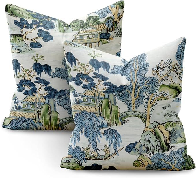 Chinoiserie Pillow Covers 18x18 set of 2,Pillow Covers Outdoor Decorative Linen Pillow Covers for... | Amazon (US)