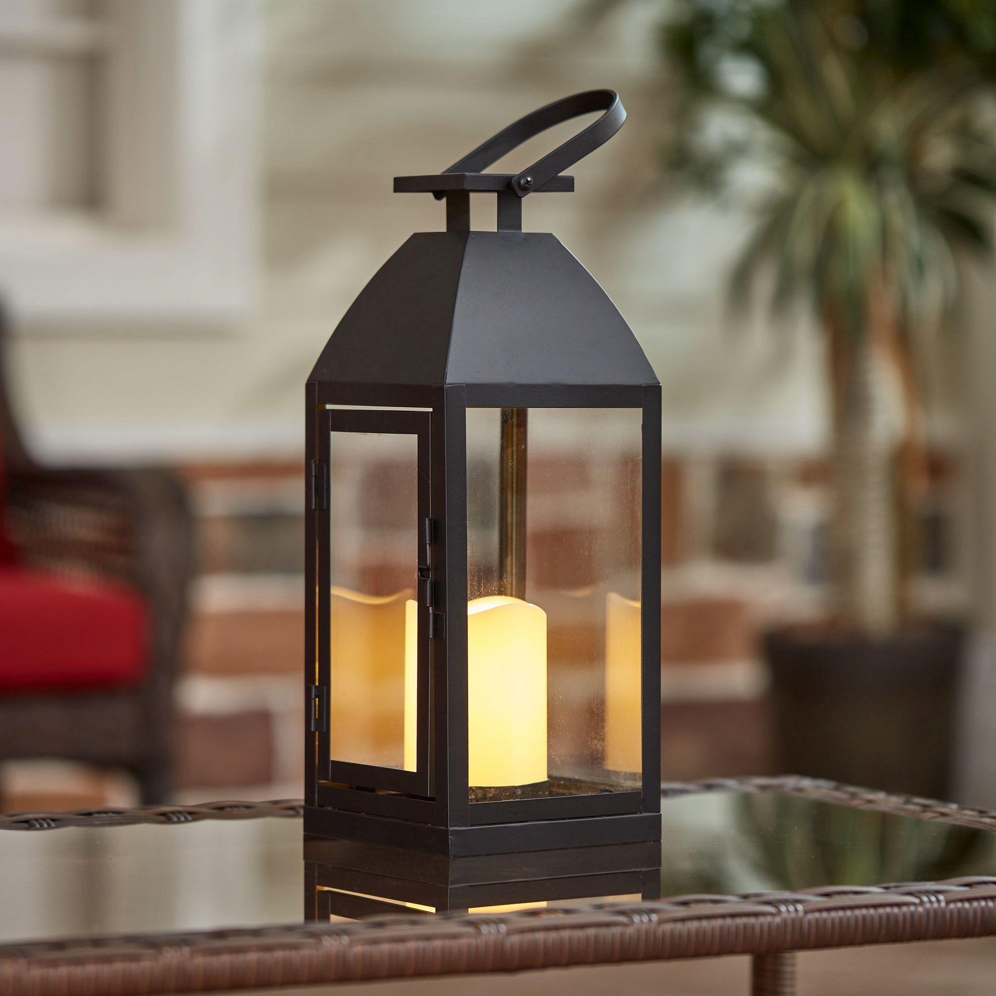 Better Homes and Gardens Battery-Operated Outdoor Black Metal and Glass LED Lantern | Walmart (US)