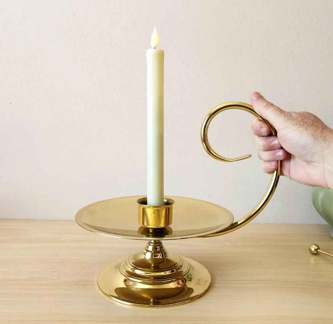 Large Whimsical Vintage Solid Brass Chamberstick Hurricane Lamp Taper Candlestick Holder W/ Handl... | Etsy (US)