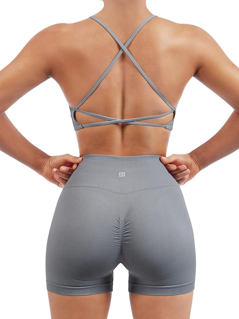 SUUKSESS Women Seamless Workout Sets Strappy Sports Bra High Waist Booty Shorts Outfits | Amazon (US)