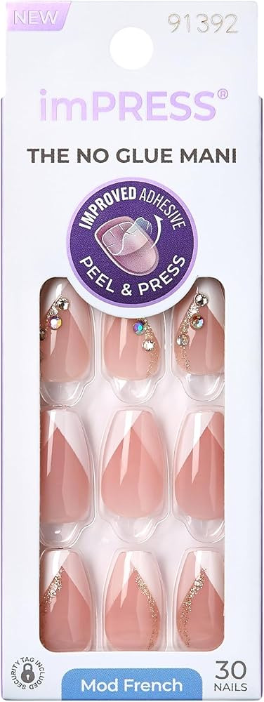 KISS imPRESS No Glue Mani Press-On Nails, French, 'Glimpse', Light Neutral + White Tip French, Me... | Amazon (US)