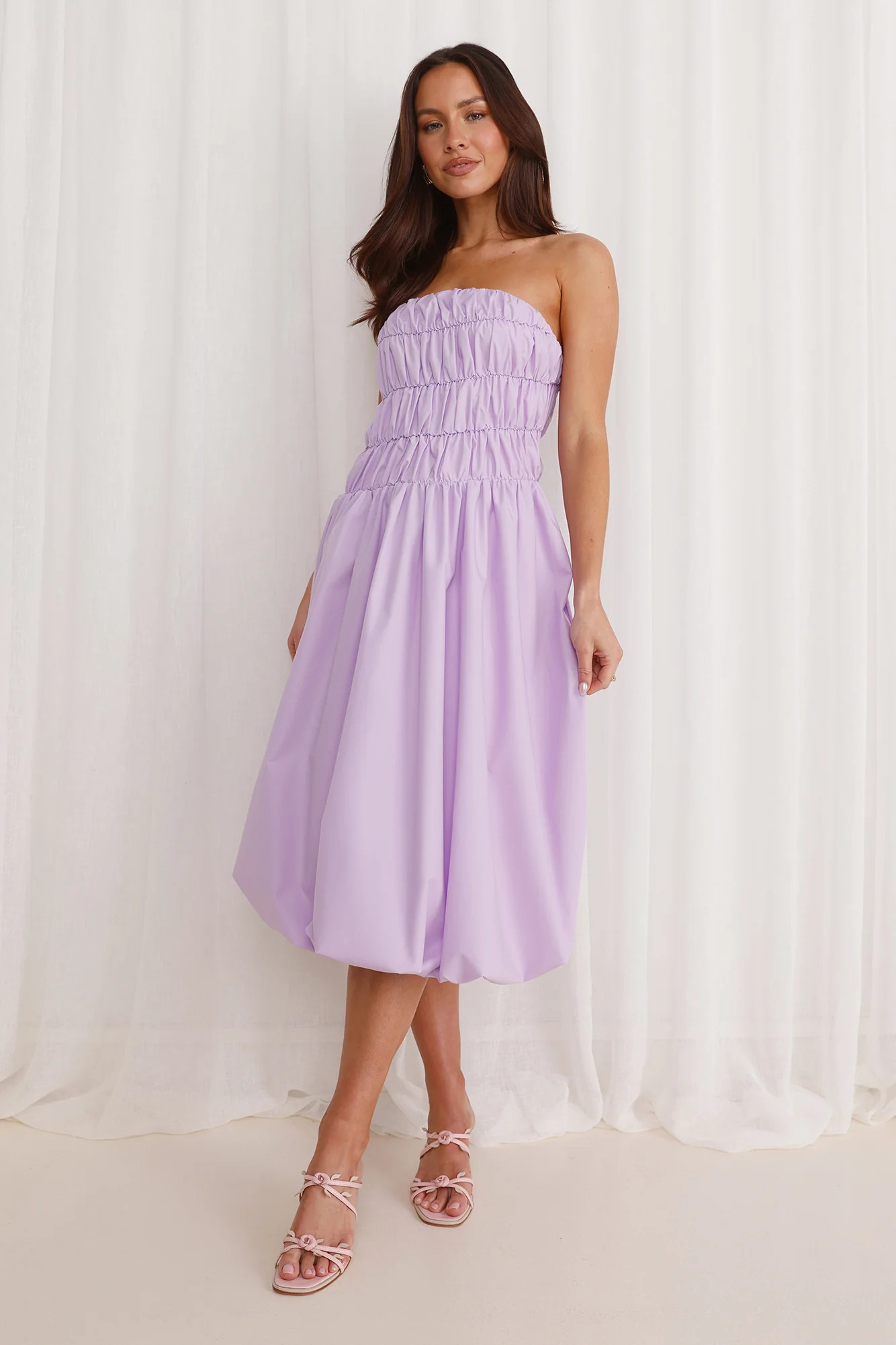 Stella Strapless Bubble Midi Dress Lilac | Hello Molly (AU)