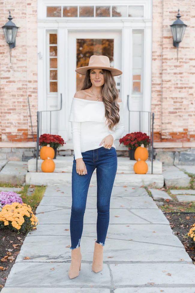 CAITLIN COVINGTON X PINK LILY The Nancy Foldover Ivory Fitted Off The Shoulder Sweater | The Pink Lily Boutique
