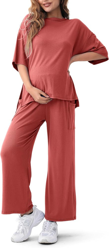 Maternity Lounge Set 2 Piece Outfits Matching Short Sleeve Top Adjustable Long Pants Pregnancy Su... | Amazon (US)