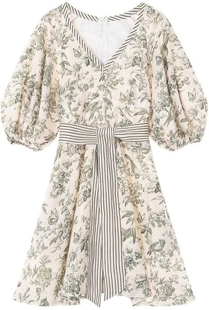 Aofur Summer Cotton V Neck Long Losse Sleeve Casual Party A-Line Dresses Embroidery Short Dress | Amazon (US)
