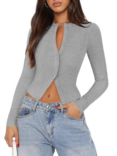 Pungdra Womens Ribbed Button Down Long Sleeve Top Knit Button Up Fitted Cardigans Cropped Cute Fall Going Out Tops for Women Gray Small | Amazon (US)