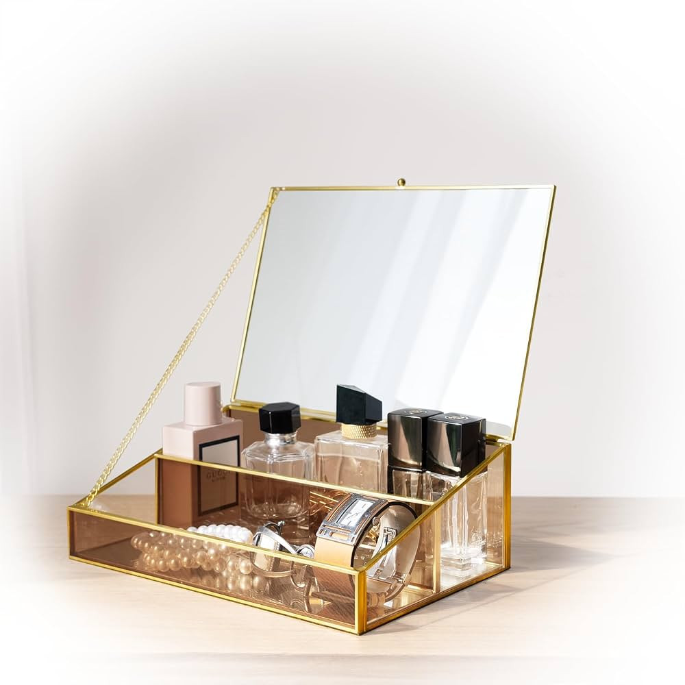 FONDAZZA Amber Glass Display Storage Box, 2-Compartments Decorative Keepsake Box with Hinged Lid,... | Amazon (US)