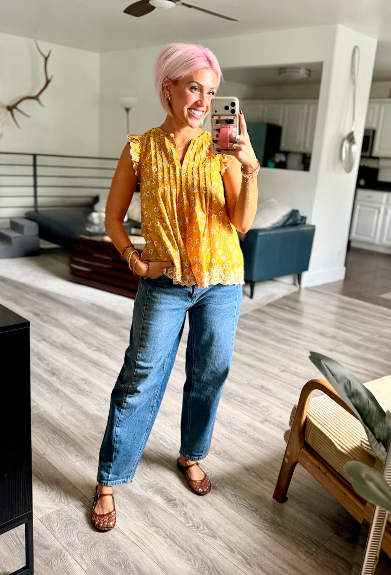This top is so pretty and delicate and you know I love a good barrel jean! Top: Small // Jeans: 4 // Shoes: TTS 

 #LTKootd #LTKSaleAlert