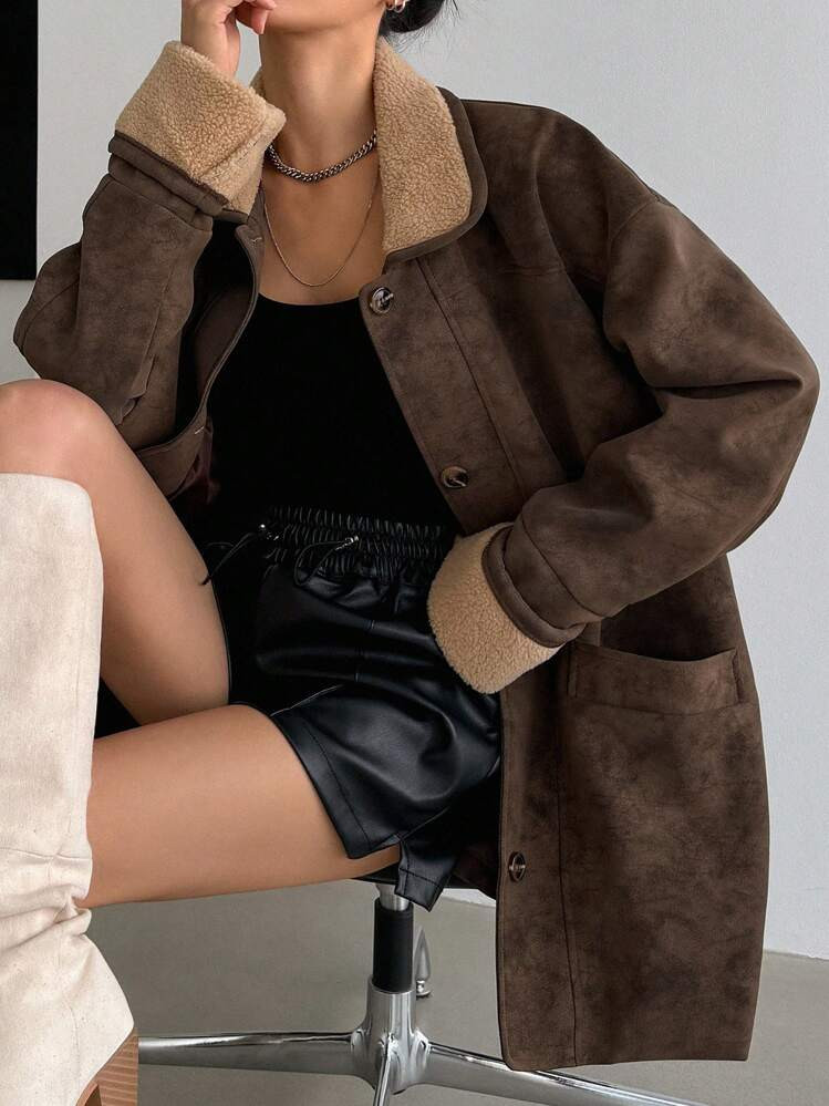 DAZY Chaqueta De Mujer De Ante Con Forro De Borreguito, Ropa De Mujer De Otoño, Con Forro Polar | SHEIN