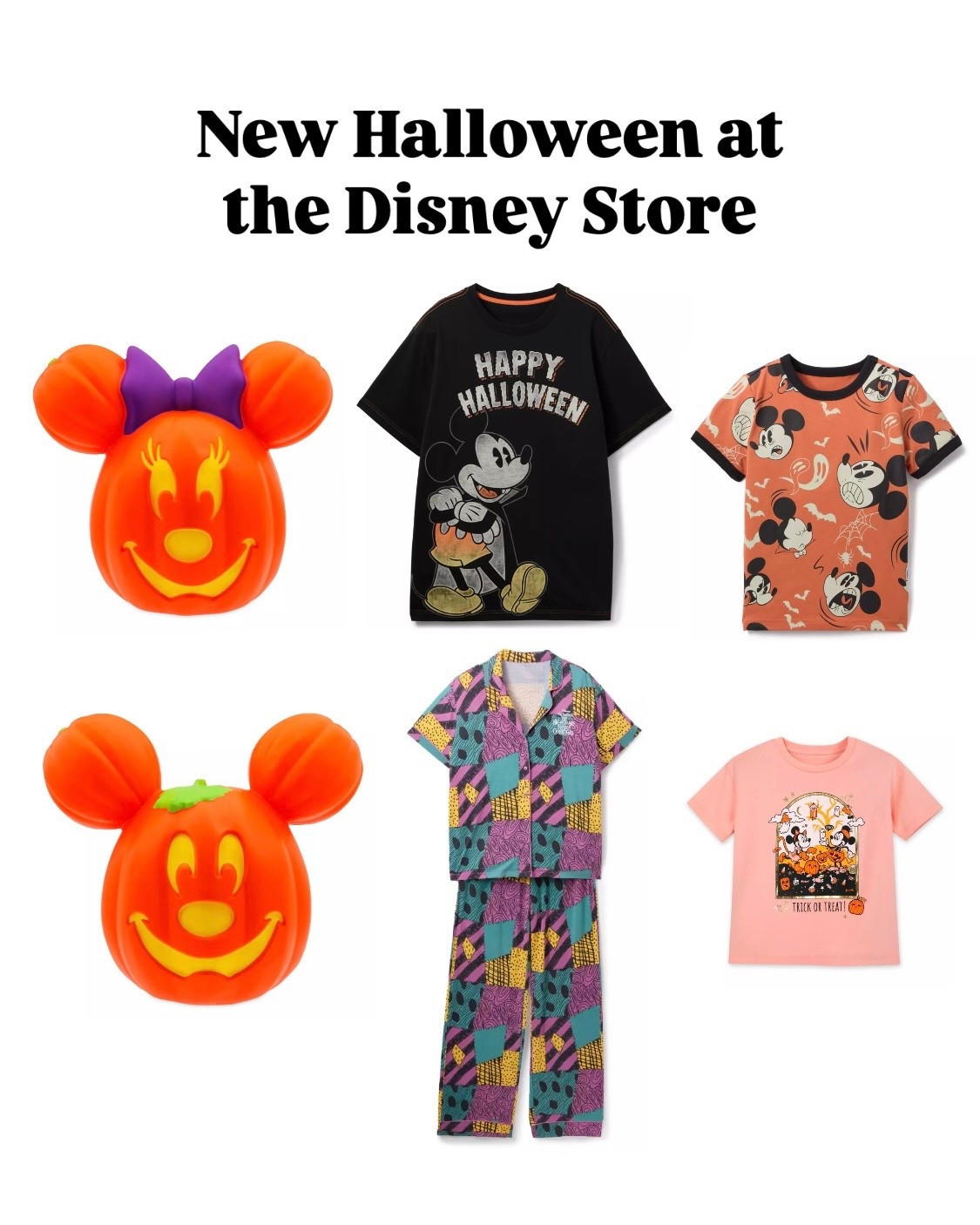 New Halloween products at the Disney store including light up Mickey pumpkin, Minnie pumpkin, Mickey shirt for adults, Halloween shirts for kids, and Sally pajamas for women  

#LTKSeasonal #LTKStyleTip #LTKHome