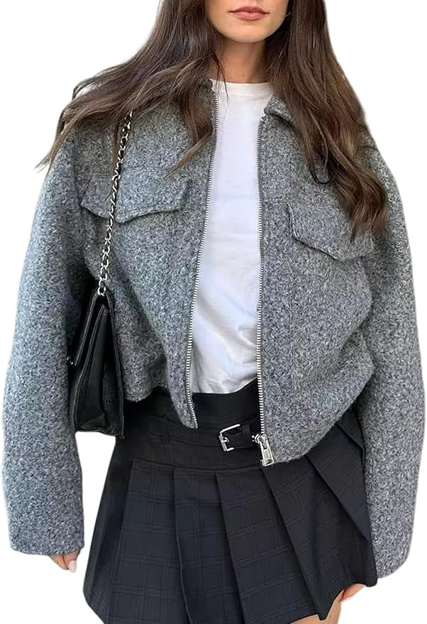 Wyeysyt Women's Wool Coat Lapel Zip Up Copped Bomber Jacket Outerwear with Pockets 2024 | Amazon (US)
