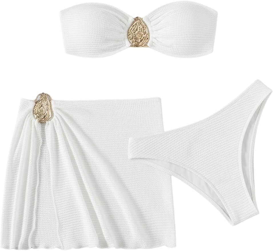 GORGLITTER Women's Strapless Bandeau Swimsuits High Waisted Cheeky Metal Bikini Sets with Bathing... | Amazon (US)