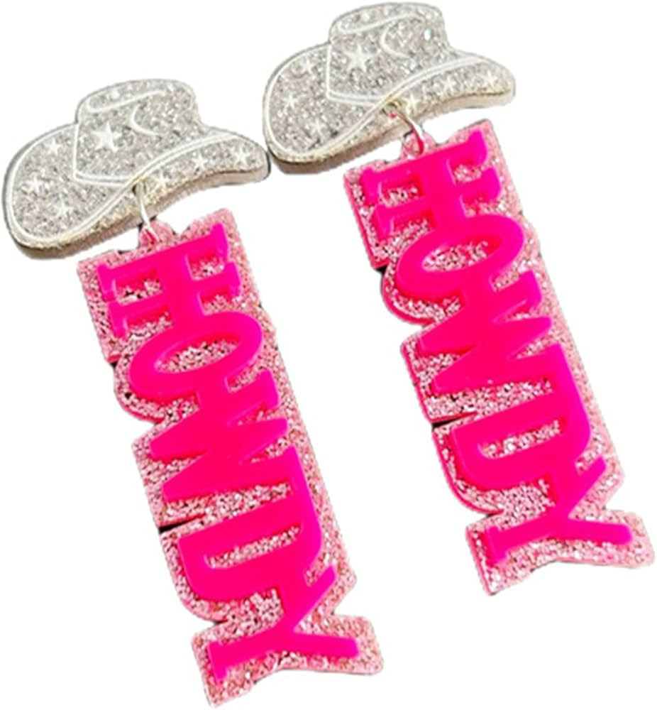 Cute Glitter HOWDY Acrylic Western Cowgirl Cowboy Drop Dangle Lightweight Earrings Country Concer... | Amazon (US)