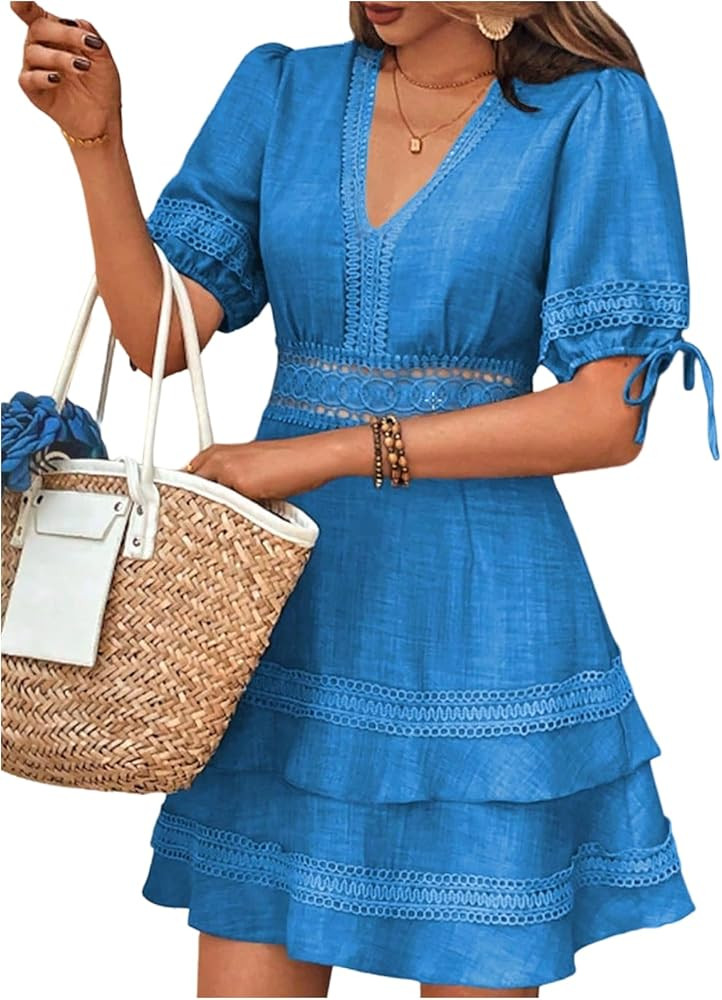 SOLY HUX Women's Summer Dress Hollow Out Lace V Neck Puff Short Sleeve A Line Layered Short Dress... | Amazon (US)