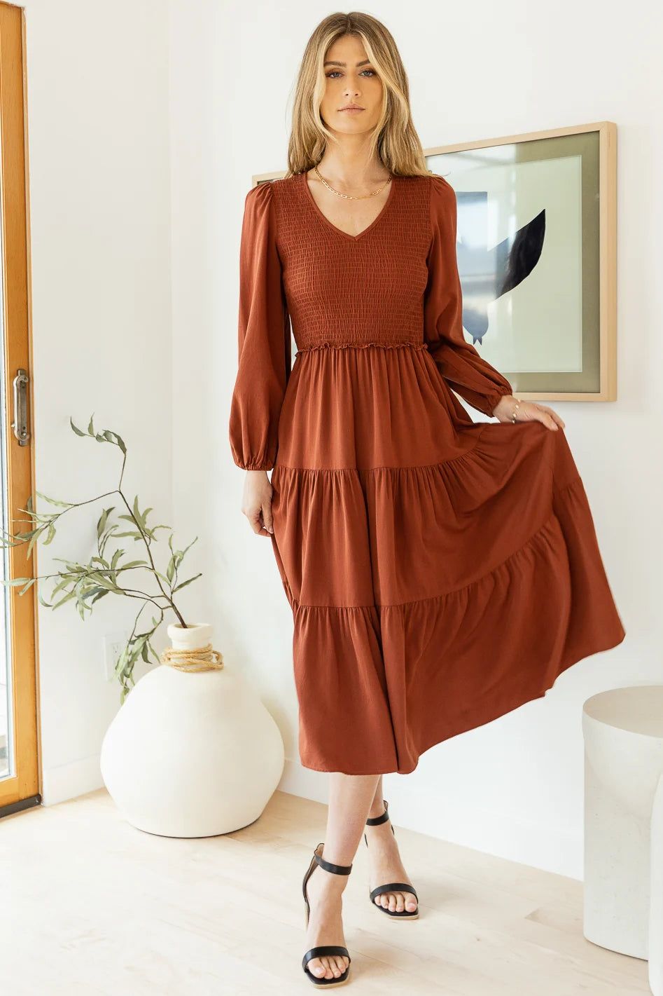 Smocked Tiered Midi Dress in Brown | Bohme