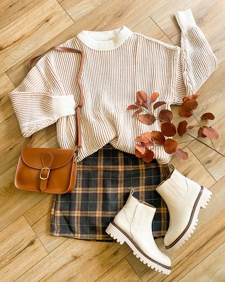 Fall outfits. Plaid mini skirt. Cozy sweater. White lug boots. Fall bag. 

#LTKSale #LTKSeasonal #LTKsalealert
