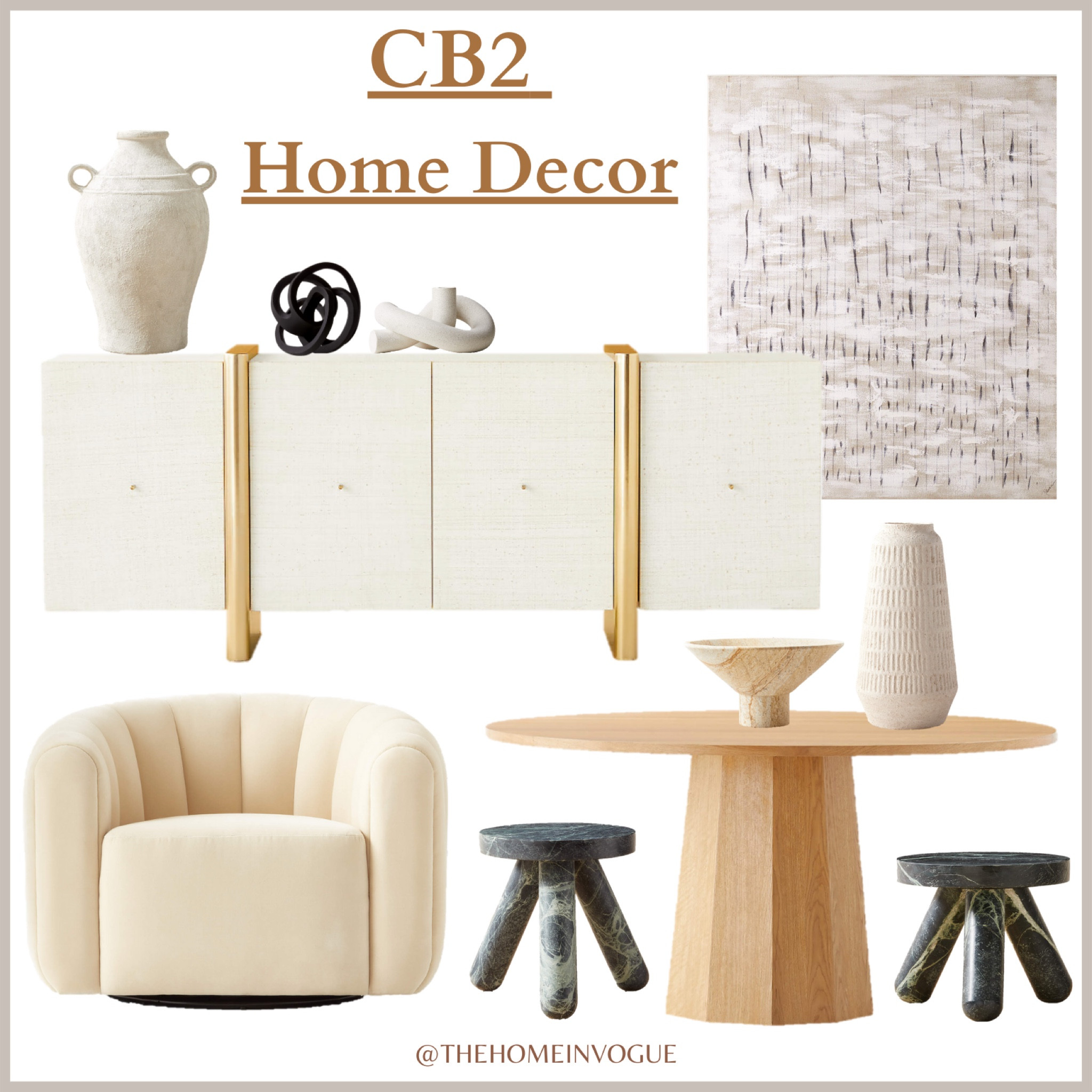 CB2 Home Decor Finds, linen credenza, ceramic jug vase, cream velvet accent chair, large urn with handles, textured white vase, round white terracotta vase, round oak pedestal dining table, fluted round oak dining table, white linen curtains, round tripod green marble side table, cement knotted candle holder, black ceramic pedestal bowl, footed sandstone bowl, black infinity knot sculpture, brass chandelier, neutral wall art, white and beige wall art 

#LTKsalealert #LTKhome #LTKFind
