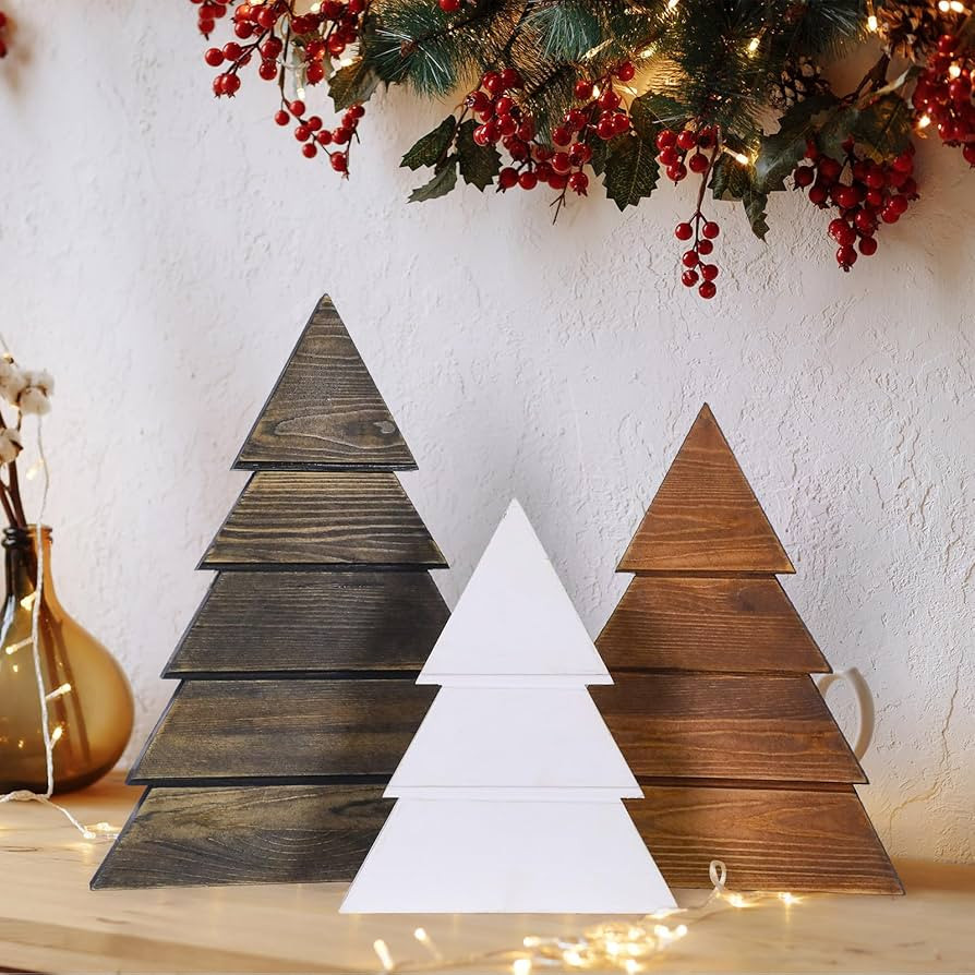 Set of 3 Wooden Christmas Trees 15, 12, 10 Inch Tabletop Wood Christmas Trees Rustic Freestanding... | Amazon (US)