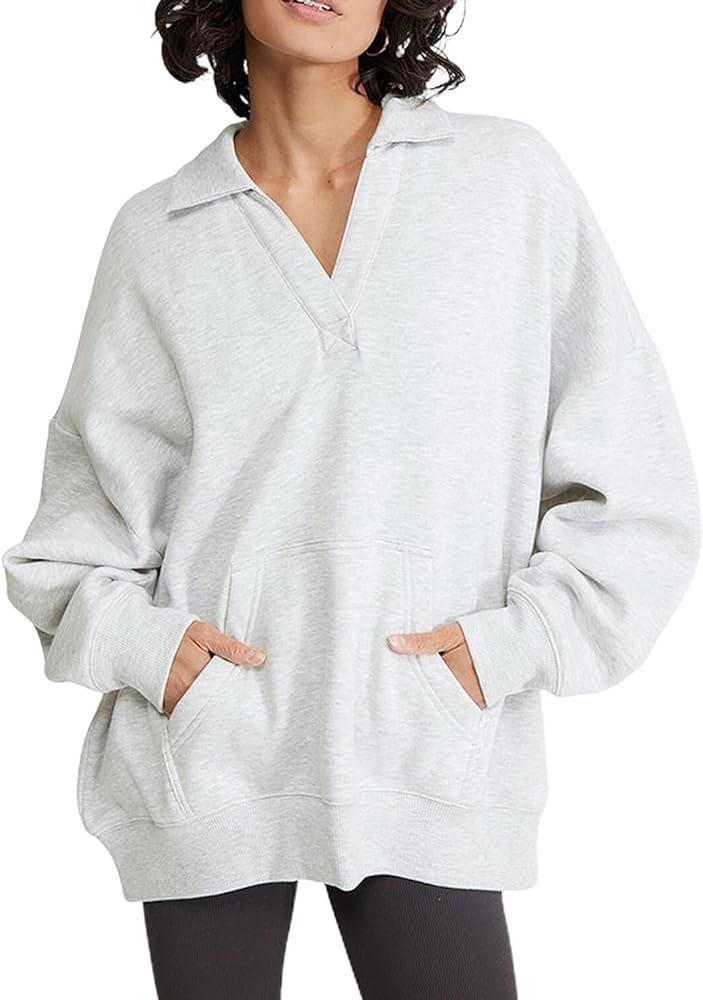 Tangduner Womens V Neck Casual Pullover Sweatshirts Fleece Oversized Long Sleeve Slouchy Polo Swe... | Amazon (US)