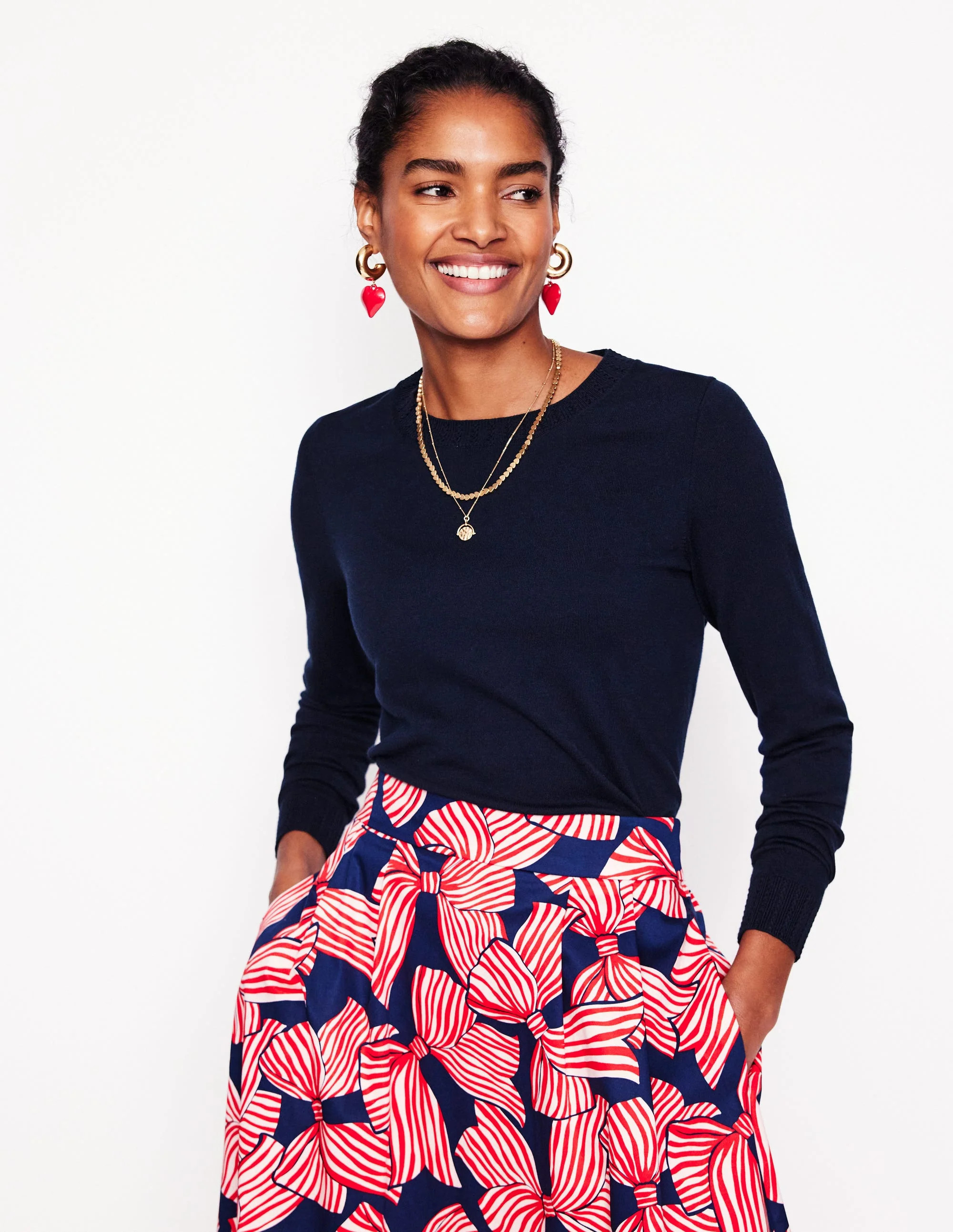 Emilia Cotton Crew Jumper-Navy | Boden UK