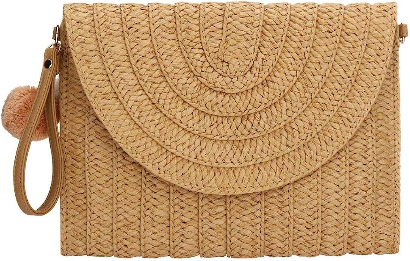 Straw Clutch Purse Women Handbags Evening Clutch Bag Fuzzy Ball (Khaki) | Amazon (US)