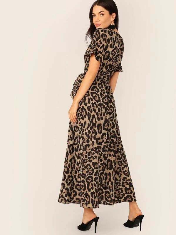 SHEIN Leopard Print Surplice Neck Belted Dress | SHEIN