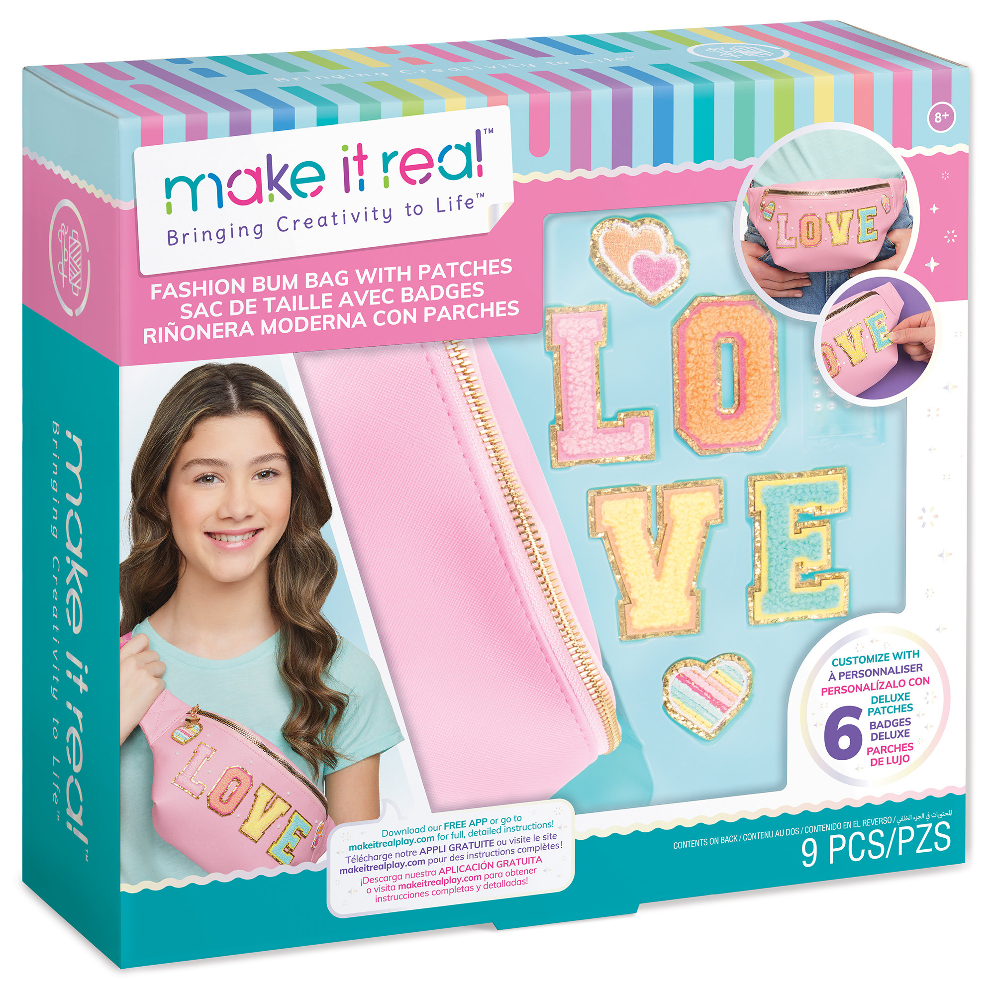 Make It Real: Fashion Bum Bag with Patches - 9 pcs, Pink Zipper Bag With Rainbow Band, DIY Custom... | Walmart (US)