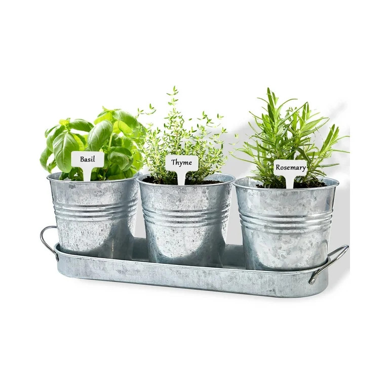 Indoor Herb Planter Set - Galvanized Windowsill Garden Pots with Tray & Drainage, Set of 3 Metal ... | Walmart (US)