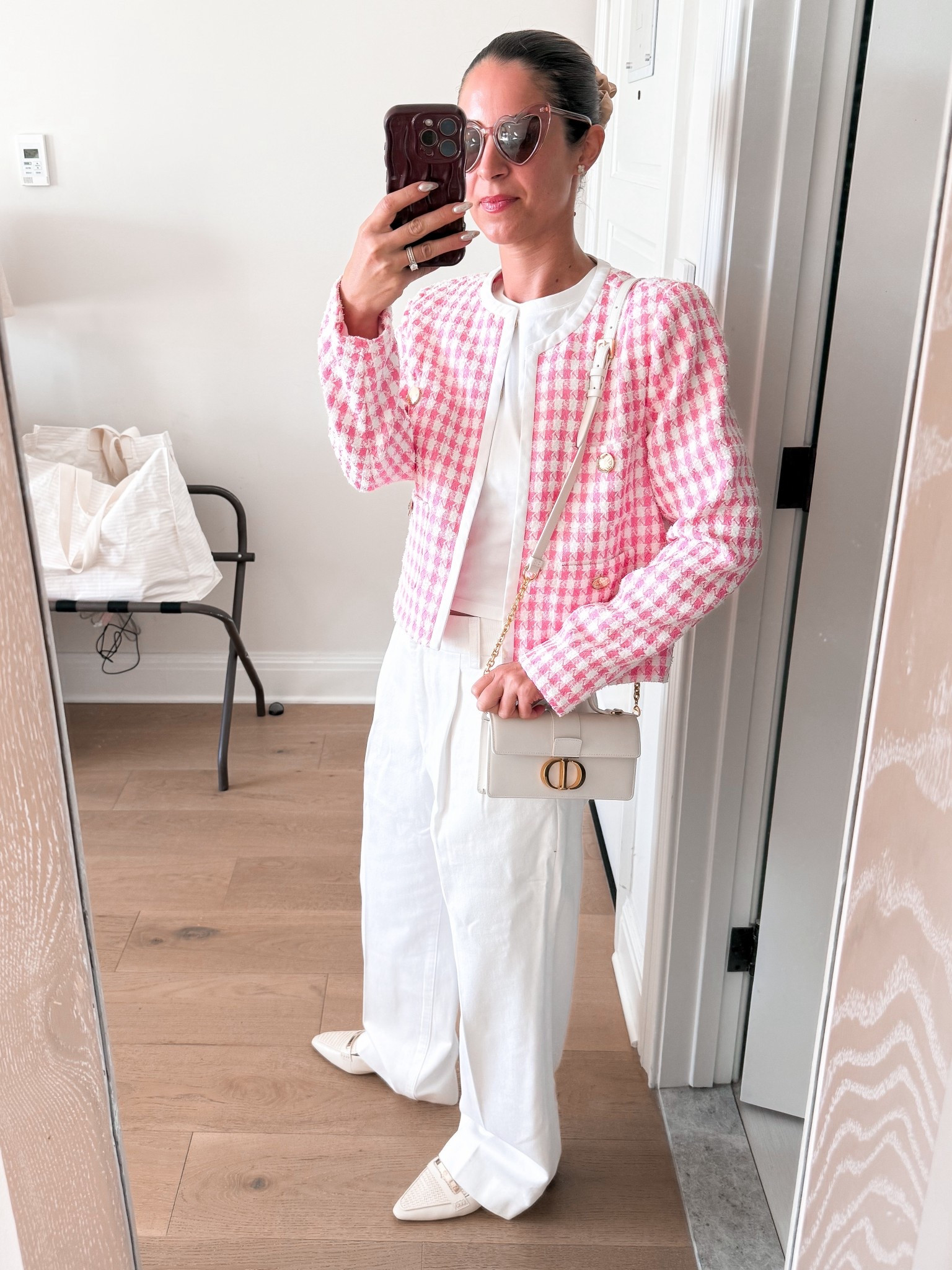 summer but make it chilly

Ivory Pant: Favorite Daughter (the Favorite Pant)
White Mini T-Shirt: Uniqlo
Pink & White Boucle Button Front Jacket: Lilly Pulitzer
Off White Flat: Vince Camuto (Rylen Slingback Flat).  Linking Similar.
Handbag: Dior (Miss Montaigne Mini Bag).  Linking similar second hand. 
Pink Heart Sunglasses: Saint Laurent (Lou Lou Sunglasses)

#LTKSeasonal #LTKItBag #LTKStyleTip