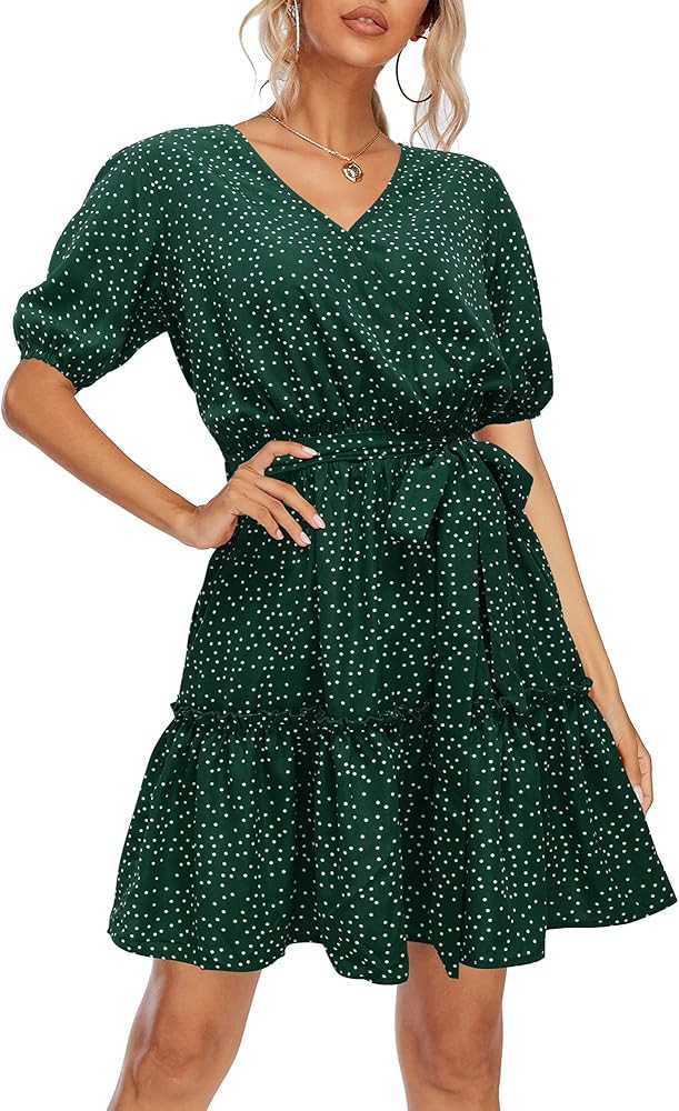 OUGES Women Short Sleeve Wrap Waist V Neck Dress Polka Dot Ruffles Floral Casual Swing Sundress | Amazon (US)