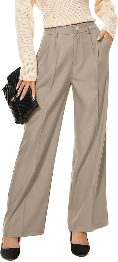 Women Wide Leg High Waist Wide Leg Pants Loose Fit Back Elastic Waist Pleated Front Trousers for ... | Amazon (US)