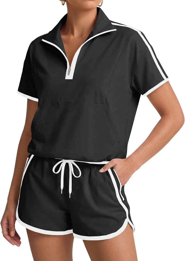 Fisoew Womens 2 Piece Outfits Zip V Neck Short Sleeve Pullover Tops Casual Shorts Tennis Running ... | Amazon (US)