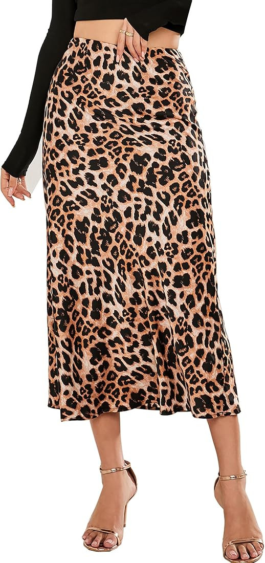 Leopart Satin Midi Skirt High Waist Elastic Silk Long Skirts | Amazon (US)
