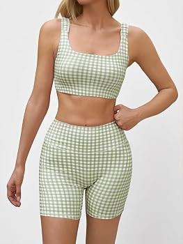 Aoysky Womens Workout Gingham 2 Piece Outfits Padded Open Back Crop Tank High Waist Sports Shorts... | Amazon (US)