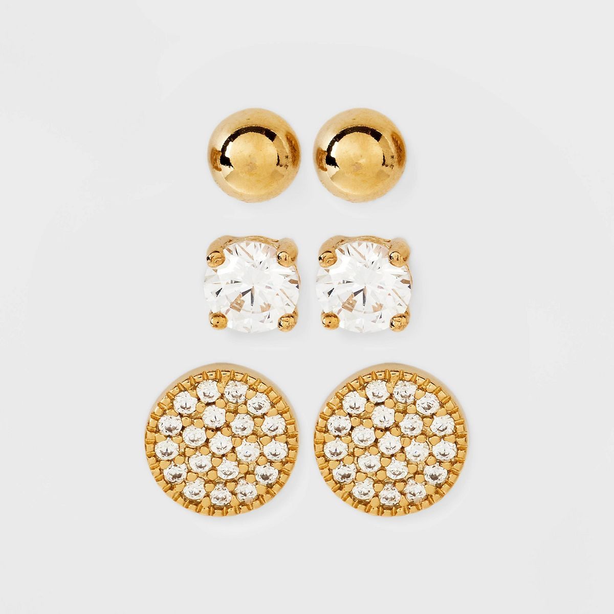 14K Gold Plated Cubic Zirconia Ball Pave Trio Stud Earring Set - A New Day™ Gold | Target