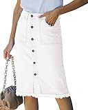 luvamia Women's Casual Mid Rise Button Down Frayed Raw Hem Denim Jean Midi Skirt Cream White X-Large | Amazon (US)