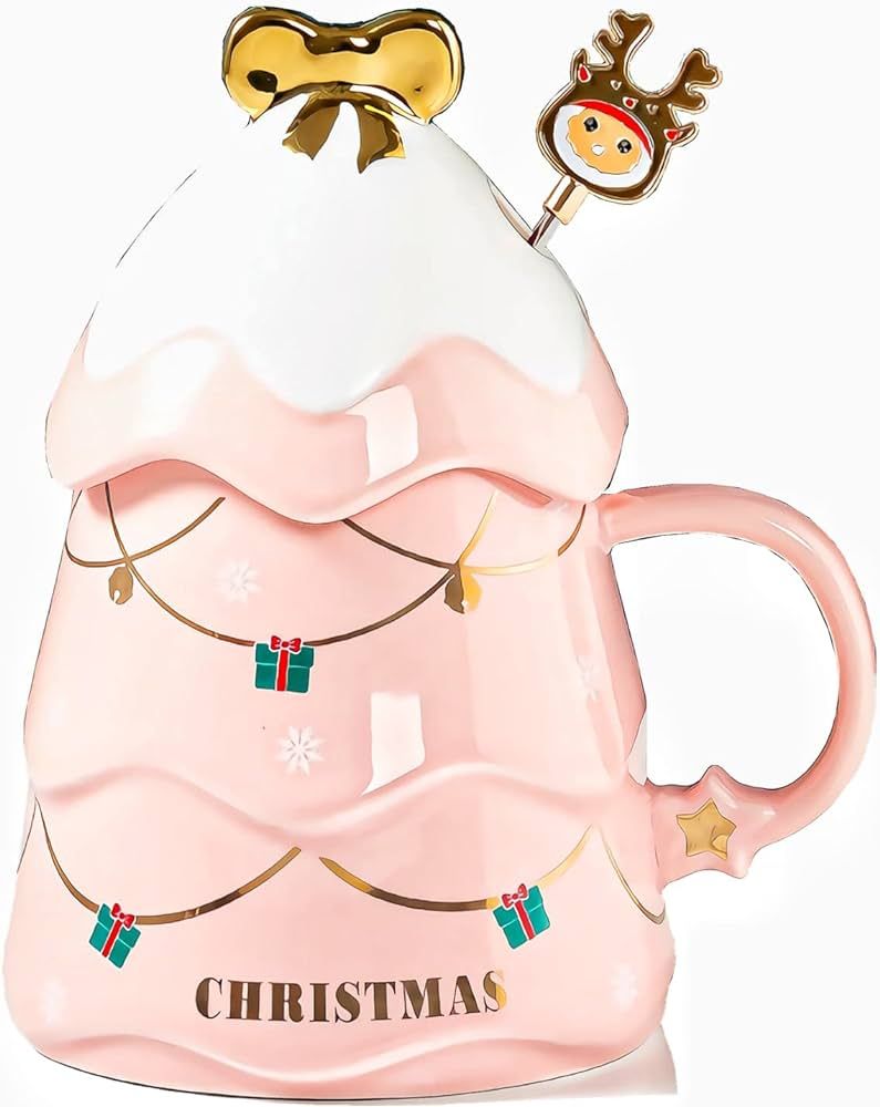 Aebor Christmas Ceramic Mug with Snow Lid and Stir Stick 17 oz (500 ML) Christmas Tree Shaped Cup... | Amazon (US)