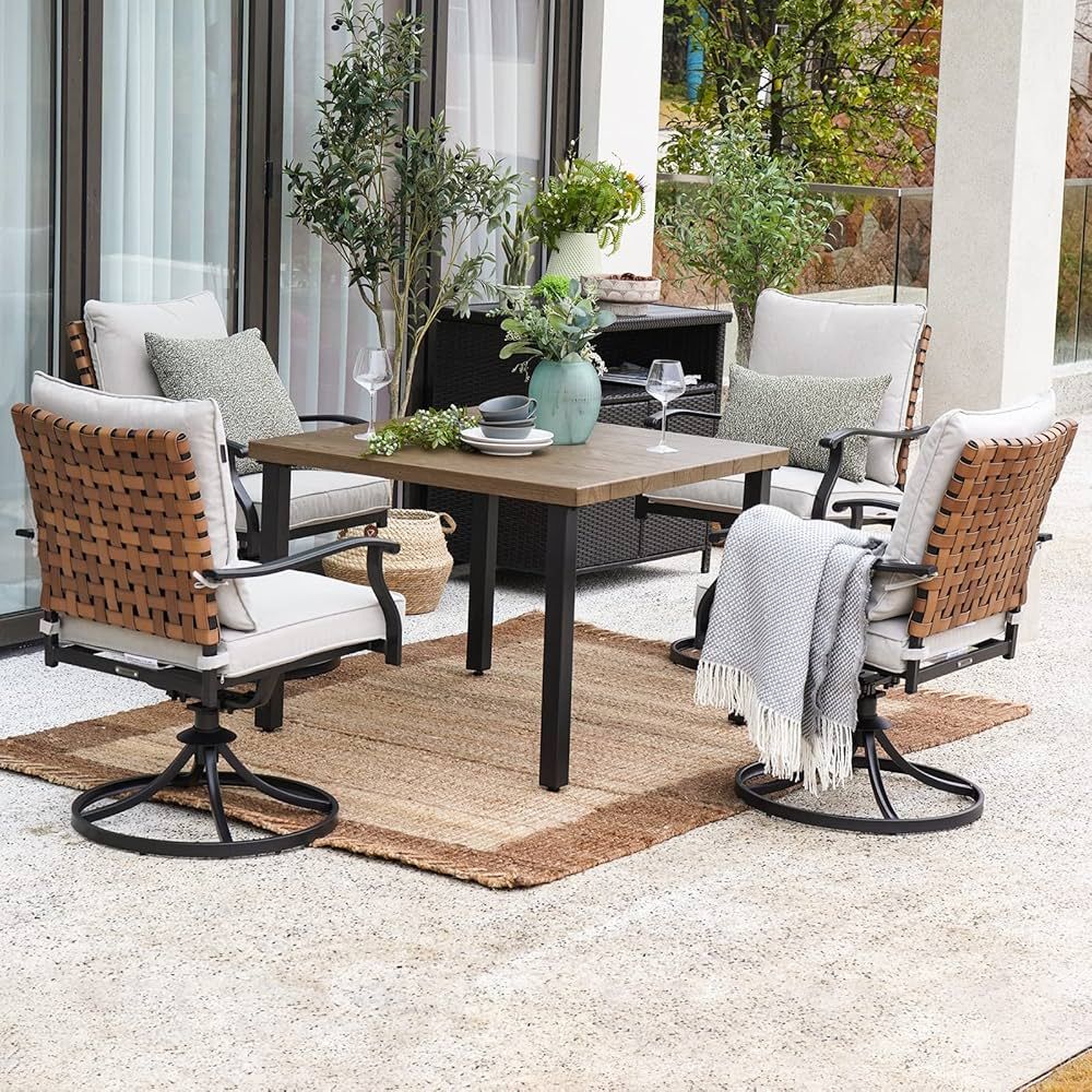 Grand patio 5 Pieces Outdoor Dining Set,4 Steel Resin Wicker Swivel Patio Chairs&Square Dining Ta... | Amazon (US)
