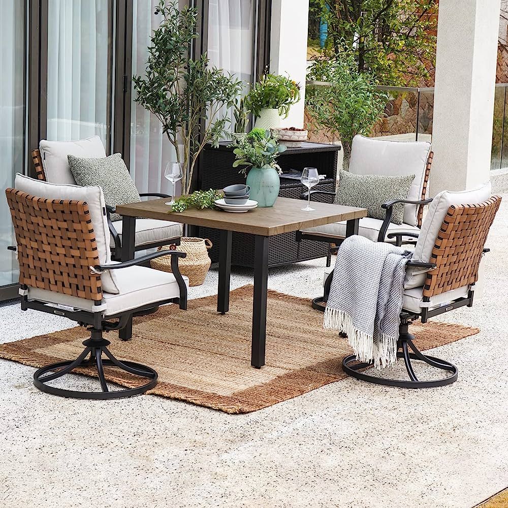 Grand patio 5 Pieces Outdoor Dining Set,4 Steel Resin Wicker Swivel Patio Chairs&Square Dining Ta... | Amazon (US)