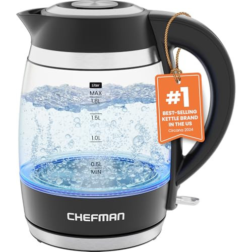 Chefman Electric Kettle, 1.8L 1500W, Hot Water Boiler, Removable Lid for Easy Cleaning, Auto Shut Off, Boil-Dry Protection, Stainless Steel Filter, BPA Free, Borosilicate Glass Electric Tea Kettle | Amazon (US)