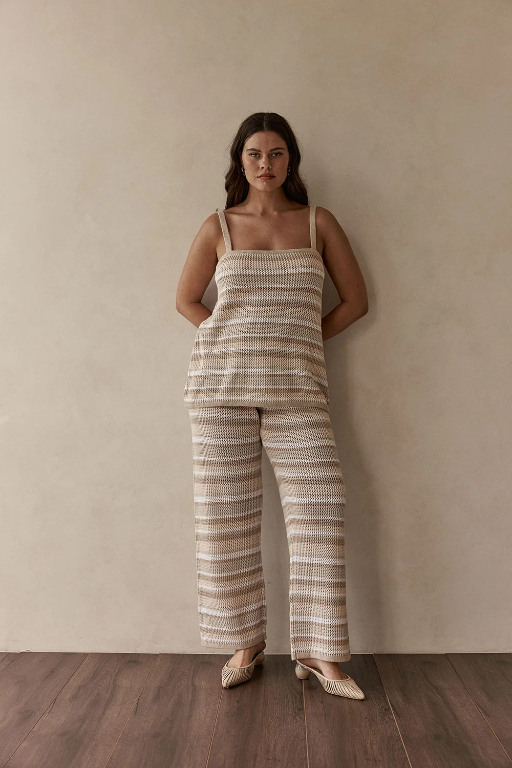 Beige Stripe Cotton Knit High Waist Ruby Pants | Sabo Skirt US