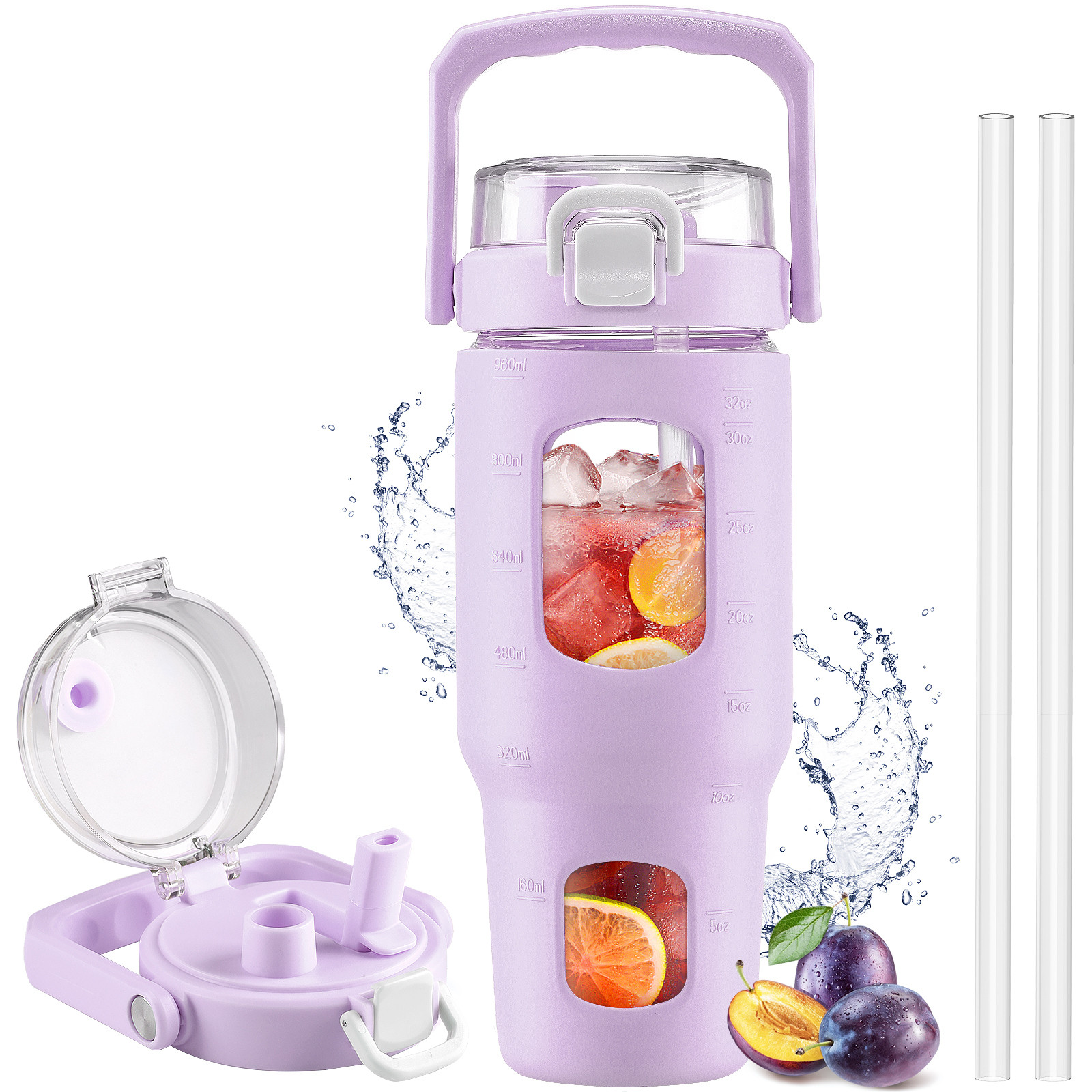 MUKOKO 32oz Glass Water Bottle, Tumbler with Straw and Lid, Iced Coffee Cup with Marker Silicone ... | Walmart (US)