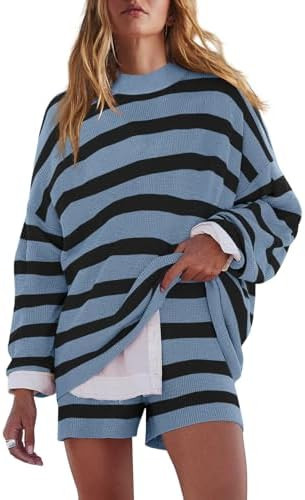 LAMISSCHE Womens Oversized Lounge Sets 2 Piece Outfits Striped Matching Pajama Set Long Sleeve Sw... | Amazon (US)