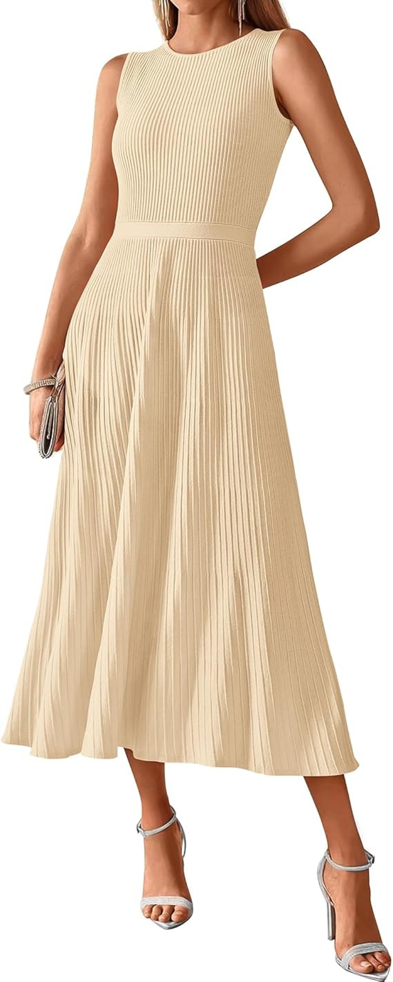 BTFBM Women Tank Midi Dress Summer Crewneck Sleeveless Pleated A Line Business Casual Formal Swea... | Amazon (US)