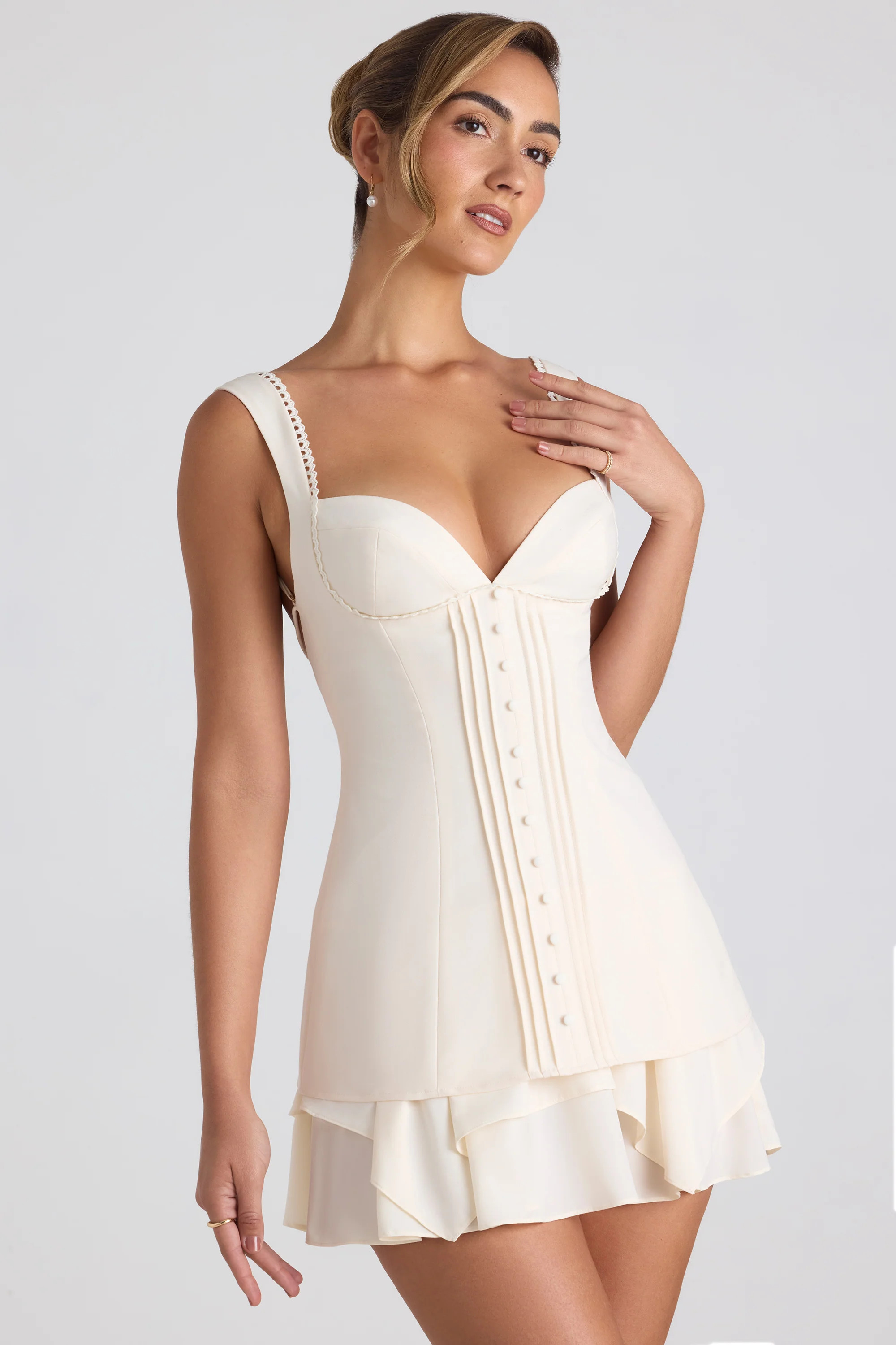 Ruffle-Trim Button-Detail Corset Mini Dress in Ivory | Oh Polly