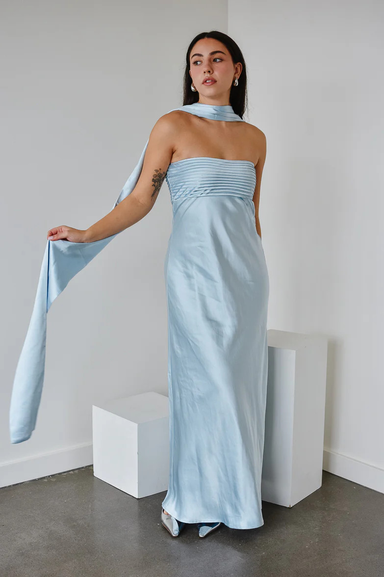 Elsa Ice Blue Maxi Dress with Neck Scarf | Confête