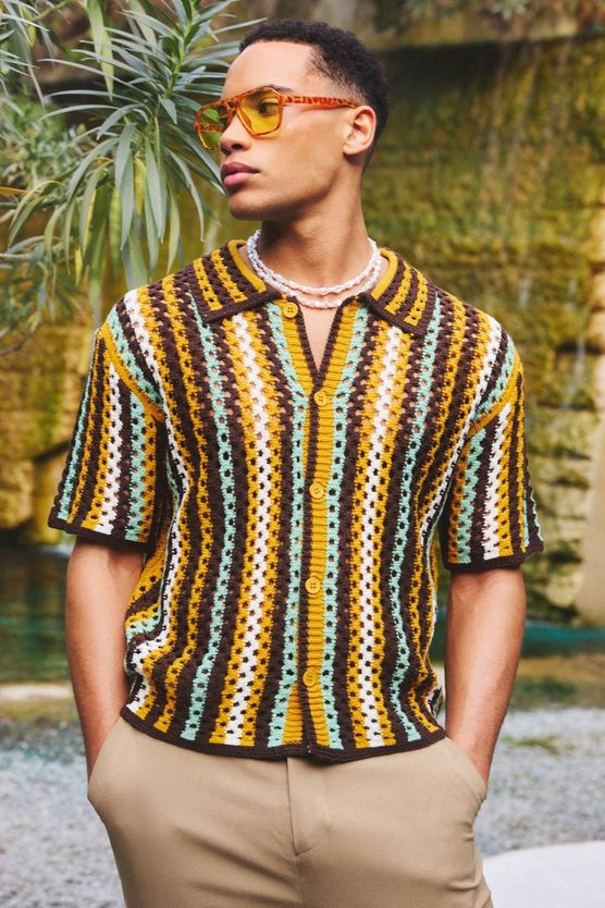 Oversized Boxy Open Knit Stripe Shirt | boohooMAN (DE, IE & UK)